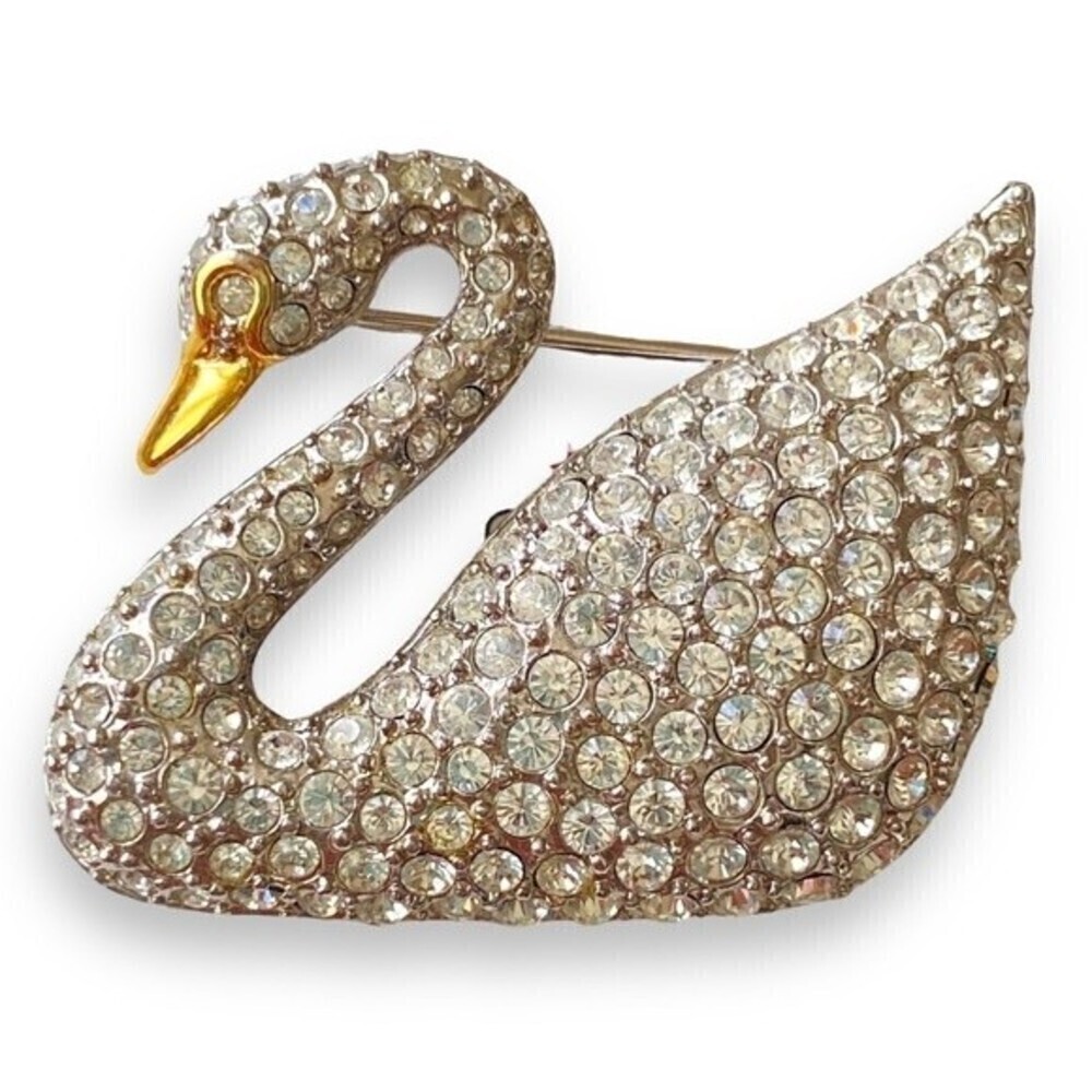 Swarovski Vintage 1990s Signed Pave Crystal Swan Pin Brooch Gold Tone Beak Pin